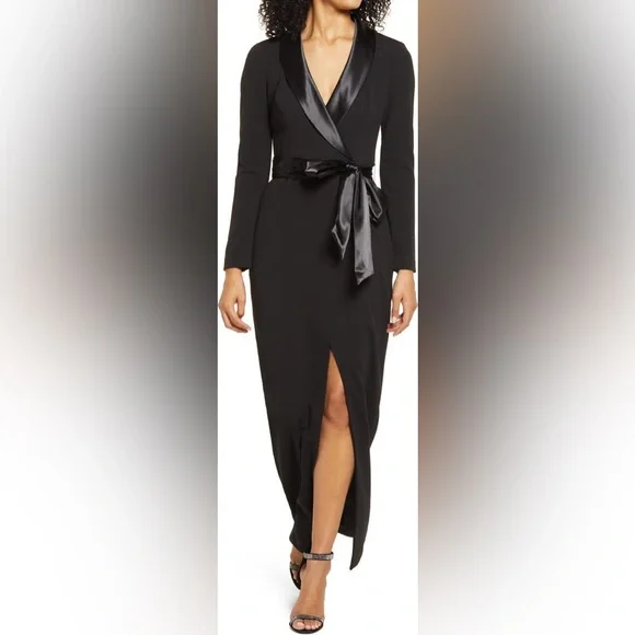 Women's Eliza J Tuxedo Faux Wrap Long Sleeve Gown, Size 2 - Black